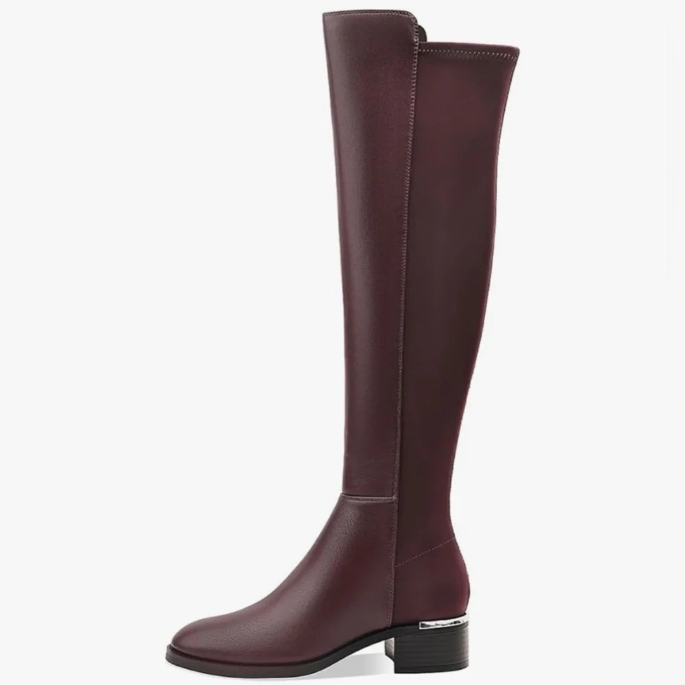 Motimoden Over the Knee High Chunky Heel Round Toe Low Boots with Stretchy Panel